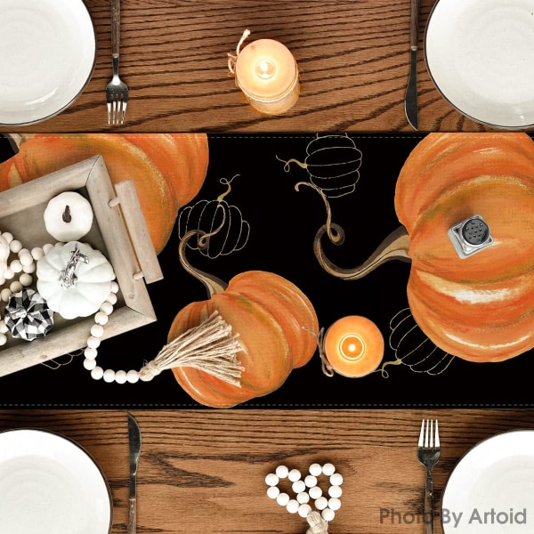 13 x 72 tommer Vandfarve Orange Græskar Hule Squash Thanksgiving Bordløber Sort, Sæsonbestemt Efterårshøst Halloween