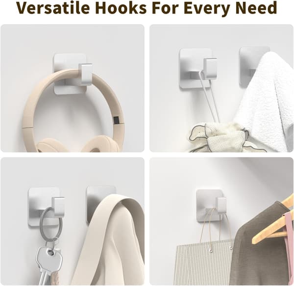 Square Self-Adhesive Towel Hooks - 4 Pcs Matte Black Wall Hooks for Hanging Towels Coats - Modern Stylish Bathroom and Kitchen Hooks - Silver