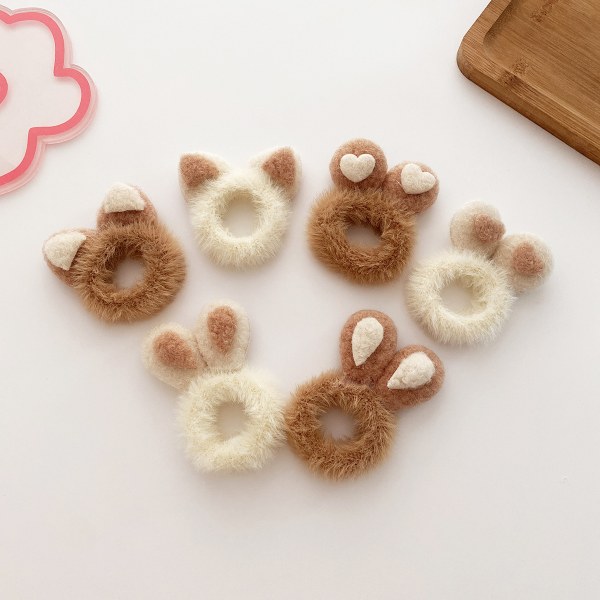 6 Pcs Coffee Plush Hair Elastic Ties Cartoon Flower Beige Hair Scrunchies Coffee Color Heart Soft Ponytail Holder Hair T