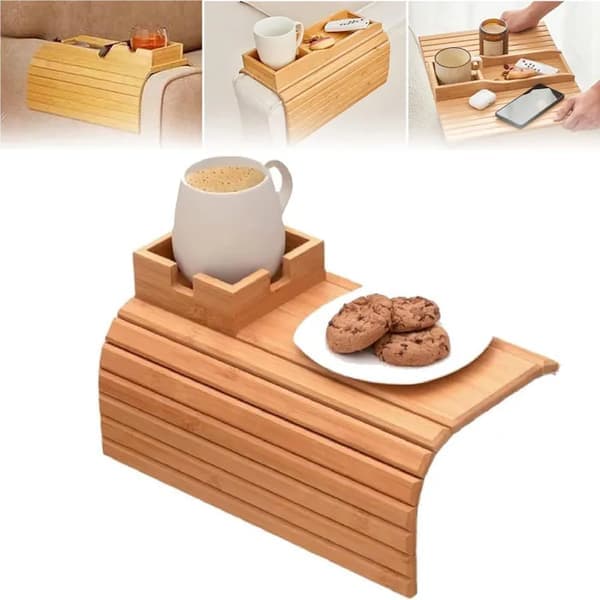 Vikbar soffbricka i bambu, rymmer snacks, mobiltelefoner, koppar [Ho]