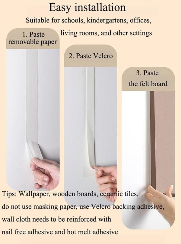 Felt Notice Board with Secure Removable Adhesive Tabs, Cork Board Alternative for Home Office, Classroom Decor, Foldable Vision Board