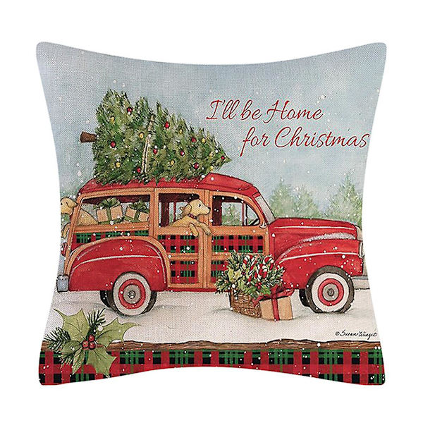 Julepute i lin med landlig stil, vintage tegneseriejulemotiv, retro julescene, pute til julepynt C