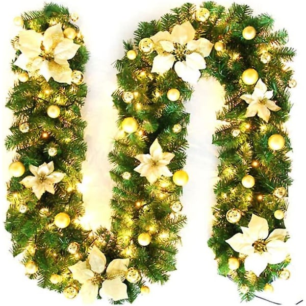 Julekrans, 2.7m Peis Trapper Dekorert Feelyst Led Lys Ornament Julekrans For Dekorasjon (gull)