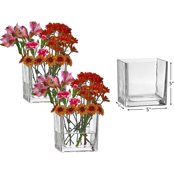Set med 3 fyrkantiga glasvaser 5 X 5 tum klar kubform blomstervas, ljushållare - perfekt som mittpunkt för bröllop, heminredning
