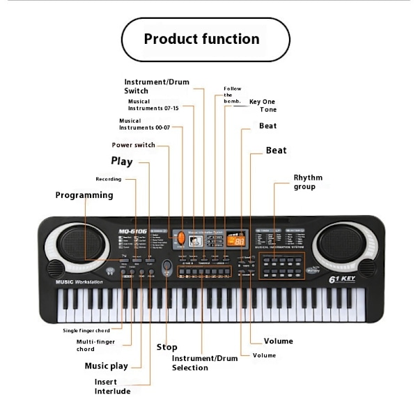 Musta 61 koskettimen sähköinen digitaalinen musiikkinäppäimistö lapsille, aloittelijoille, kannettava piano LCD-näytöllä ja mikrofonilla