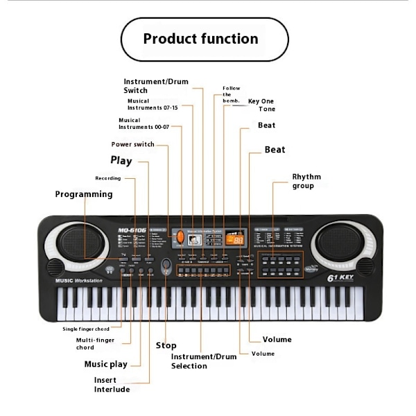 Sort 61-tangenters elektrisk keyboard klaver elektronisk digitalt klaver pædagogisk musikinstrument bærbar klaver keyboard undervisning