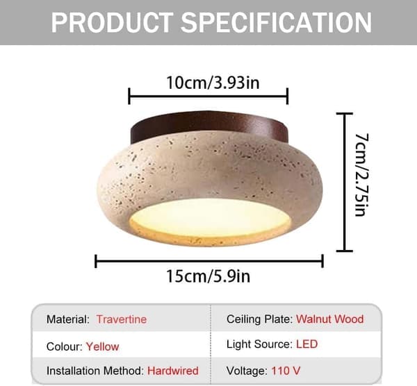 Minimalist Travertine Ceiling Light, Round Stone Lampshade, Wabi Sabi Ceiling Lamp for Bedroom and Kitchen