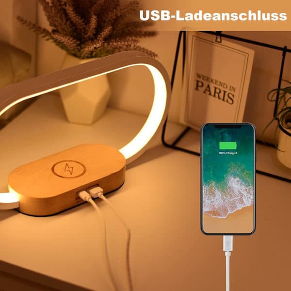 LED bedside lamp, 10W wireless charger and USB, dimmable touch, 3 brightness levels, modern table lamp with clock