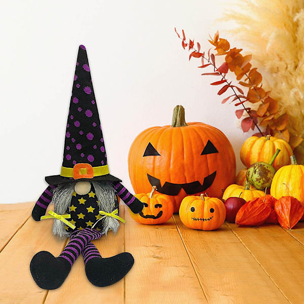 Halloween-tonttu LED-valolla, pitkät jalat, käsityönä valmistettu, pehmeä, ruotsalainen tonttu, istuva Tomte, pohjoismainen patsas, violetti
