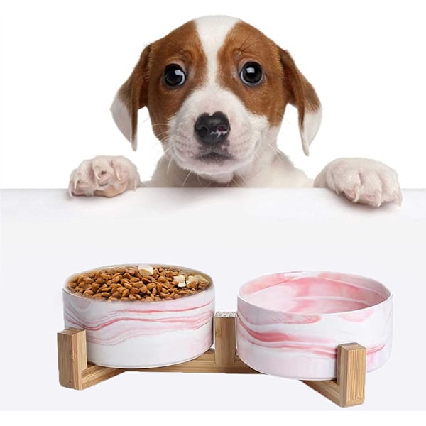 Keramisk Rundt Kæledyrsfoder, 14OZ Hunde- og Katteskål med Træstativ, Holdbart Moderne Sødt Vægt Foder Vand Sæt, Dobbelt Skåle Design