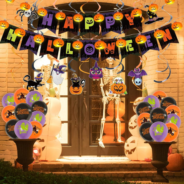 Halloween-synttärijuhlat -koristelippu, Halloween-kurpitsaketjuvalot vedenkestävällä paristokäyttöisellä kaukosäätimellä