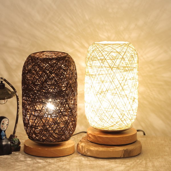 Modern sänglampa i bambu och rotting bordslampa träfot kreativ modern personlig inredning, dimbar LED-lampa, vardagsrum r