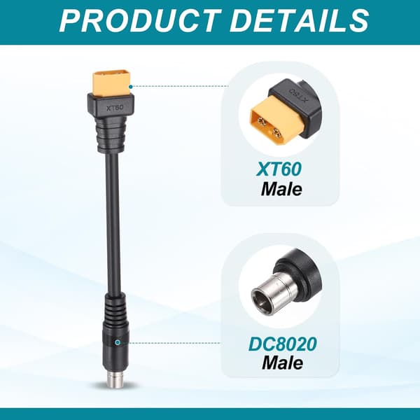 2 stk. XT60 til DC8020 adapterkabel, 20A hanstik kabel til bærbar strømstation, solpanel, generator