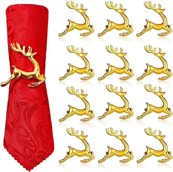 12 stk. jule-servietringe, 6 cm guld hjorte servietholder