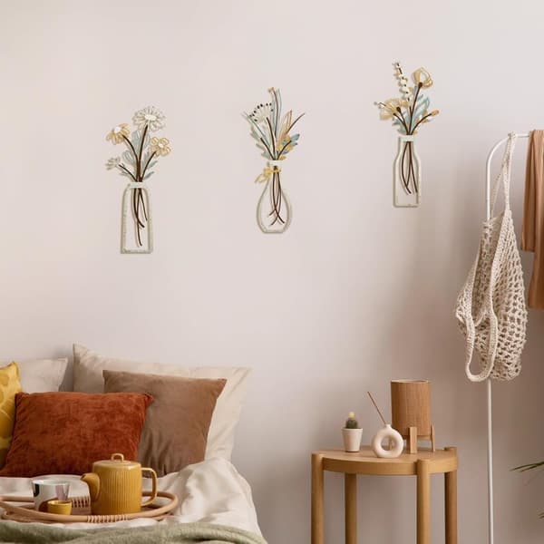 3-pack metallväggkonst – Blommor, minimalistisk väggdekoration för vardagsrum, sovrum och badrum