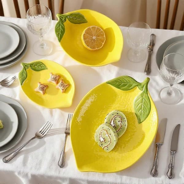 Ceramic Fruit Plate and Cartoon Lemon Porcelain Set with Unique Lemon Shape, Dishwasher Safe