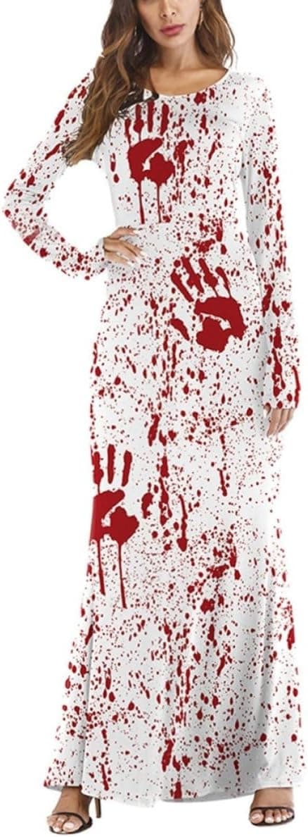 Kvinder Halloween Blodstænk O-hals Kjole Polyester Hvid L XL