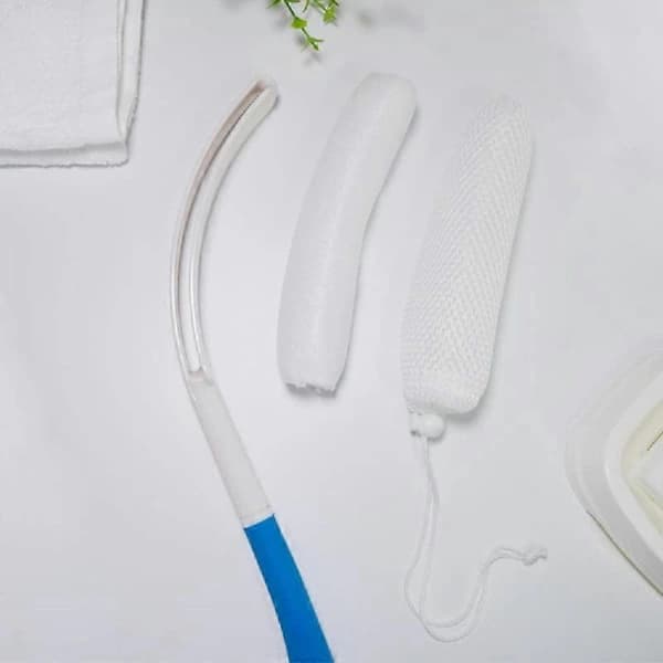 Curved Long Handle Mesh Bag Sponge Scrubber Back Shower Brush
