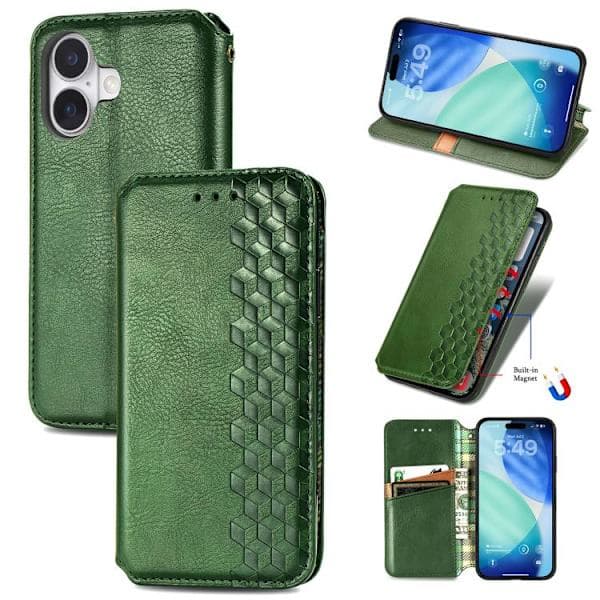 iPhone 17 Case Leather Case with Cubic Grid Pattern and Magnetic Closure Green Green Grön