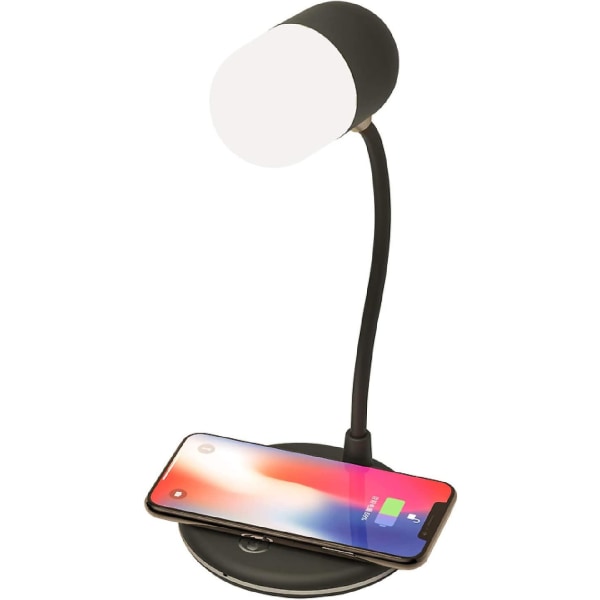 Led bordlampe med Qi trådløs smartlader, hjemmekontor Nattbord nattlampe. Bluetooth-tilkoblet høyttaler, 3 lysfargeskiftende moduser A