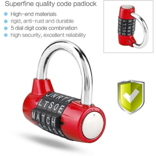 Gym Locker Lock, 5 Letter Combination Padlock, Waterproof Security Password Lock (Red)