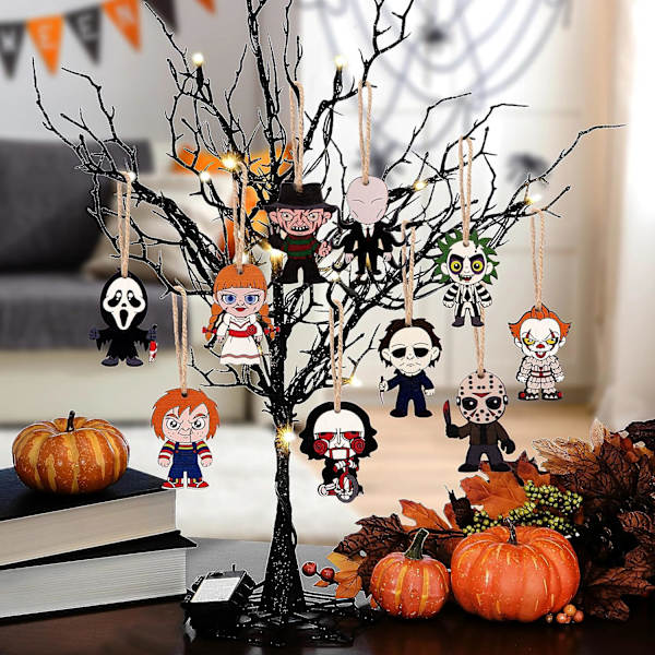 Halloween Dekorationer - Halloween Pynt til Træ - Pakke med 10 Træhængende Gyserfilm Pynt til Halloween/Jul