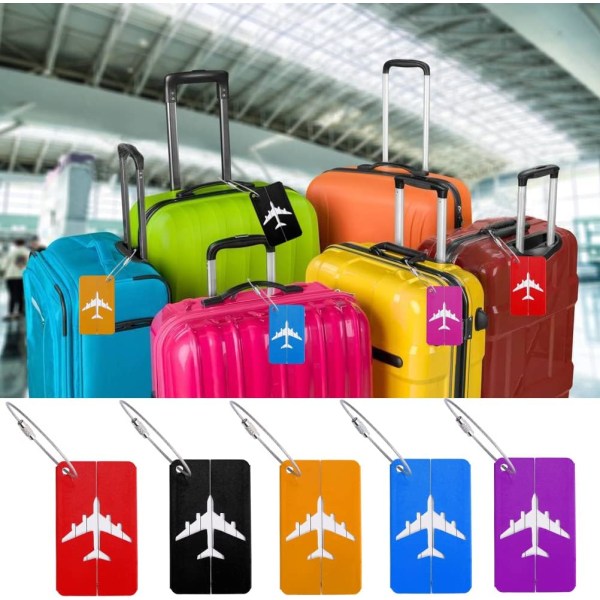 Sett med 5 aluminiums bagasjemerke, flykoffertmerke med vanntett PVC-kort i rustfritt stål, metall bagasjemerkeholder for Su