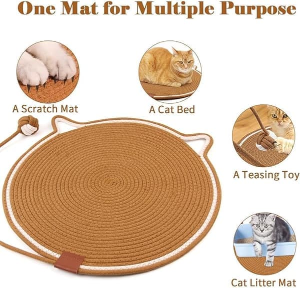 Cat Scratch Mat in Natural Rope – With Ear Hook & Play Ball, For Wall & Floor Mounting