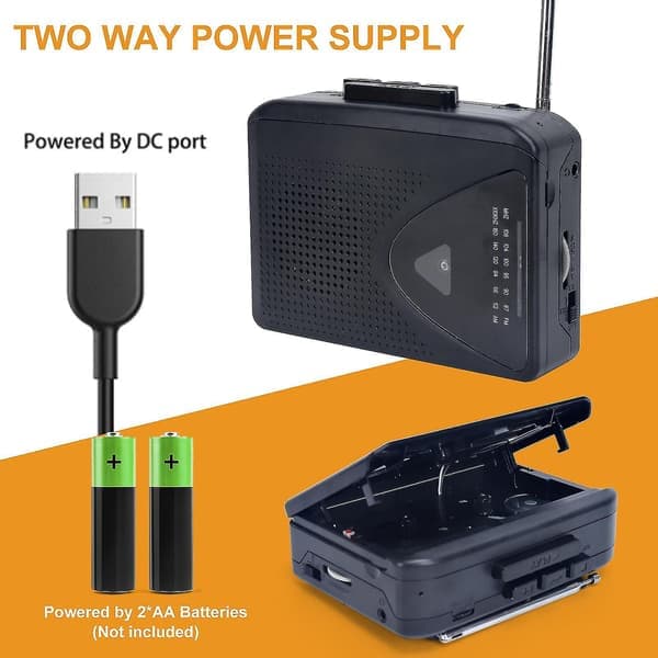 Cassette Player Walkman Portable Speaker Multiple Power Sources AMFM Radio Black