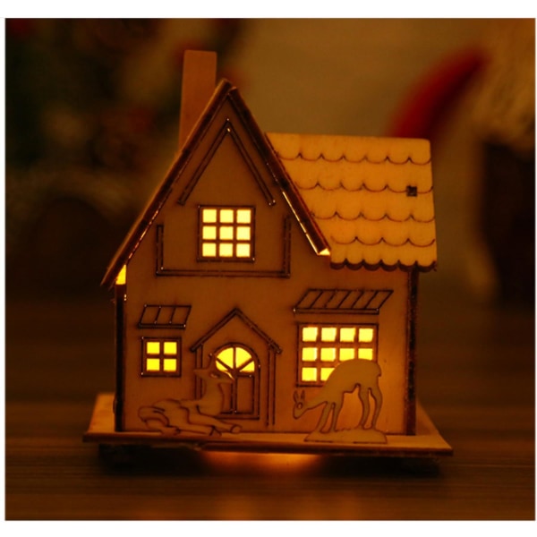 1 stk forhåndsbelyst trehus, juleopplyst hus, julepyntdekorasjon, flotte, varme hvite LED-lys