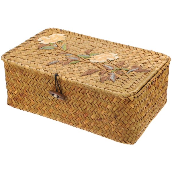 Retro Multipurpose Container Embroidery Pattern Woven Lidded Box Gift Box26X16X9CM