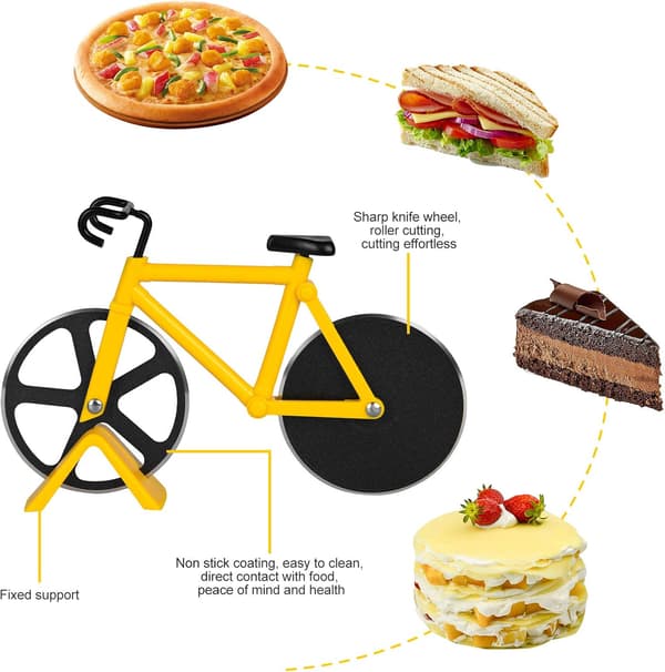 Non-stick pizzaskærer, cykelpizzaskærer, pizzaskærer med stativ, dobbelt rustfrit stål, gul