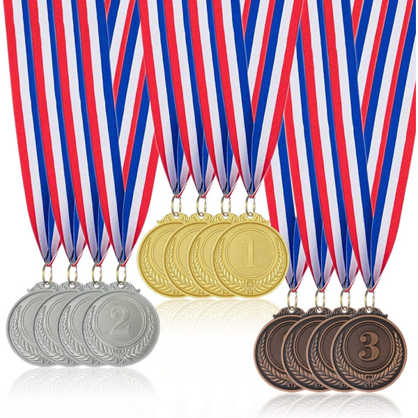 Halkaisijaltaan 5 cm:n mitalit lapsille, 12 kpl olympiatyylisiä kultametallimitaleja nauhoilla, urheilupäivän palkinnot, pelit, lahjat