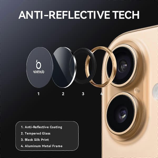 NORTHJO 1 Set for iPhone 17 Tempered Glass Camera Lens Protector CD Veins Metal Ring Lens Cover