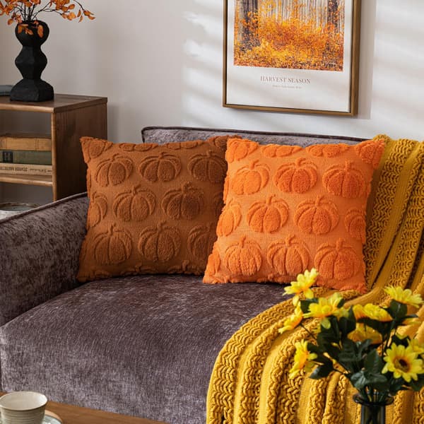 Græskar Efterår Dekorative Pyntepuder 18\"x18\", 2 stk Orange Bløde Faux Pels Pudebetræk til Efterårshøst, Fluffy Plys Accent Pudebetræk Orange