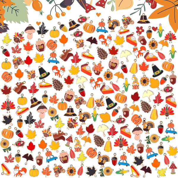 100 stk Thanksgiving Fall Charms Bulk for smykker Making Maple Leaf Gresskar Kalkun Emalje Charms Høst Anheng Armbånd