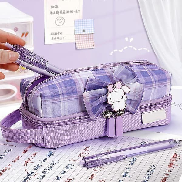 Pencil Case Organizer Double Layer Large Capacity Cute Plaid Canvas Stationery Bag for Students