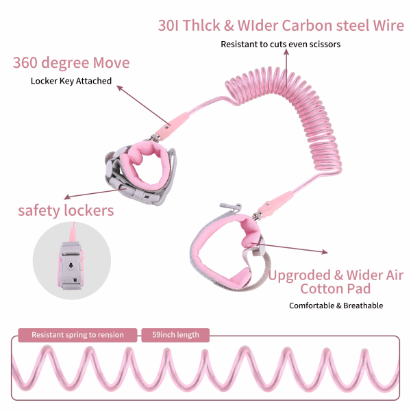 Oppgradert Anti-Lost Håndleddslenke, Barneseletøy med Nøkkelås, Sikkerhetshåndleddssele for Småbarn, Sikkerhetssele for Barn, Ryggsekksele for Barn (Rosa)