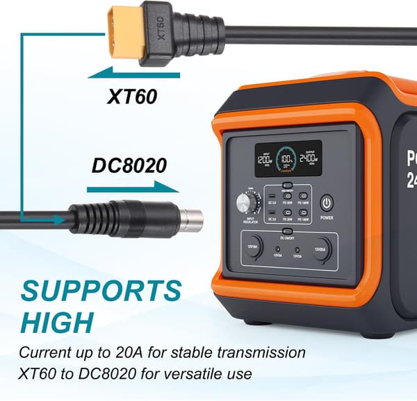 2 stk. XT60 til DC8020 adapterkabel, 20A hanstik kabel til bærbar strømstation, solpanel, generator