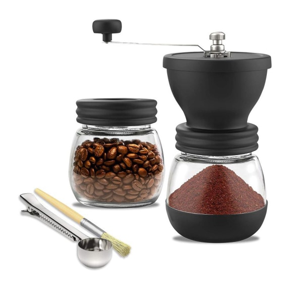 Manuell kaffekvern med keramiske grader, håndkaffekvern med to glasskrukker (11 oz hver), børste og spiseskje