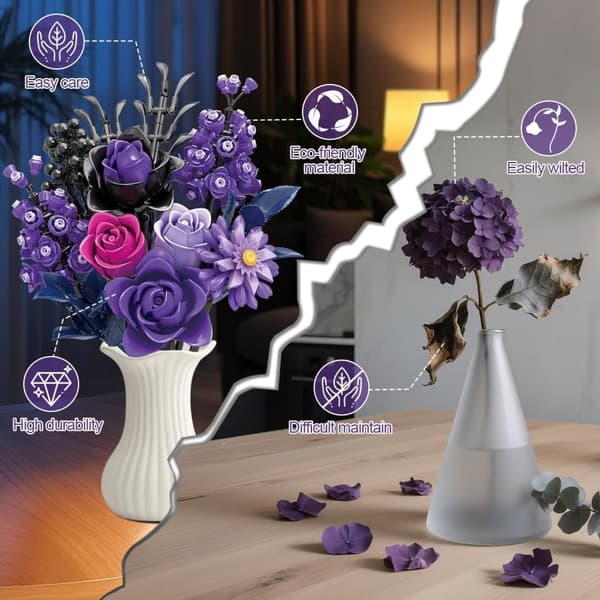 Purple Roses Building Kit - Gothic Botanical Home Decor, 822 Pieces