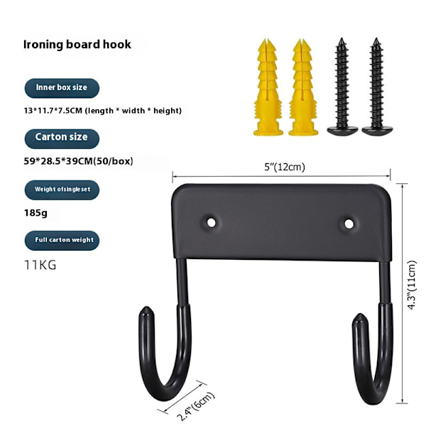 2 mustaa rautaista ripustinta seinäkiinnikkeeseen, Command Large Wall Hooks, vaurioittamattomat kaksoiskoukut koristeiden ripustamiseen (ruuveilla)