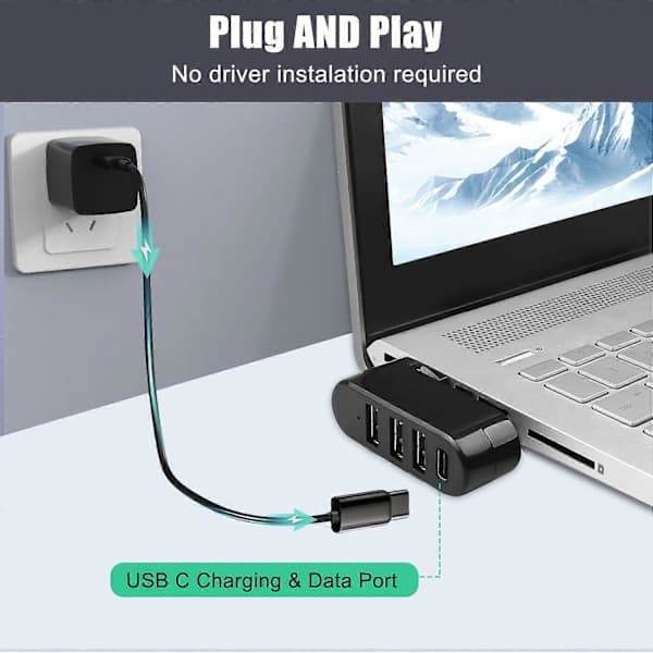 4-ports USB 3.0-hub med roterbart design og 3x USB-porte, USB-C strømforsyning