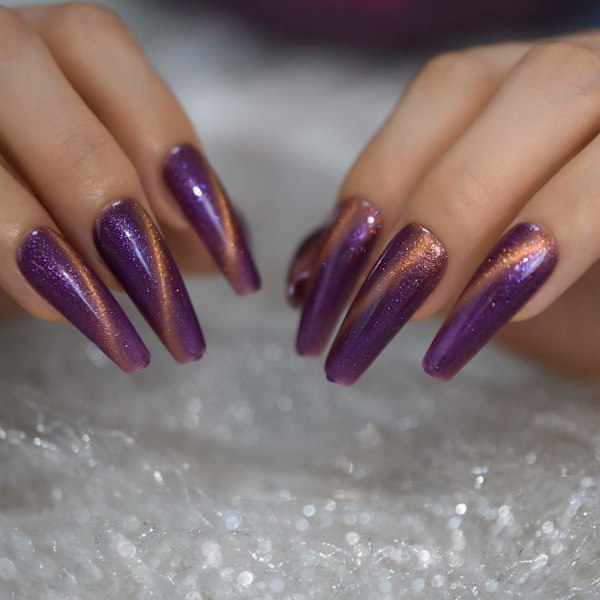 Charmiga Lila Lösnaglar Galaxy Shimmer Glitter GEL Naglar Handmålade Nagelkonst Tips Lång Ballerina Press-on Naglar Fingernaglar 20