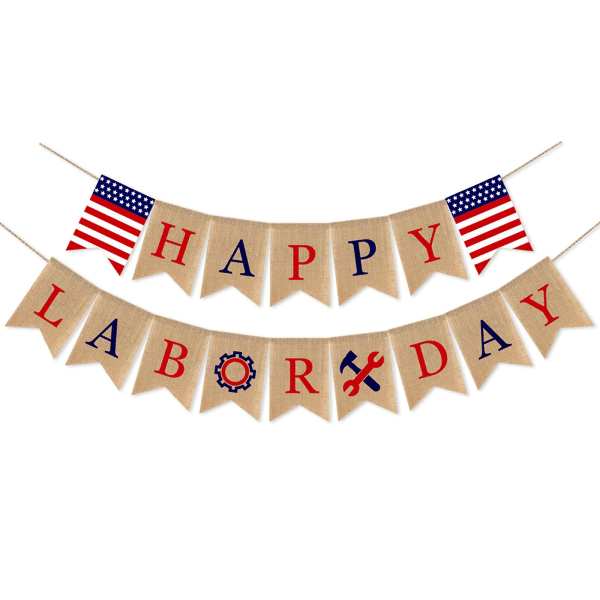 Burlap Glad Labor Day-banderoll Minnesmärke Rustik Mantel Spis Dekoration Banderoll