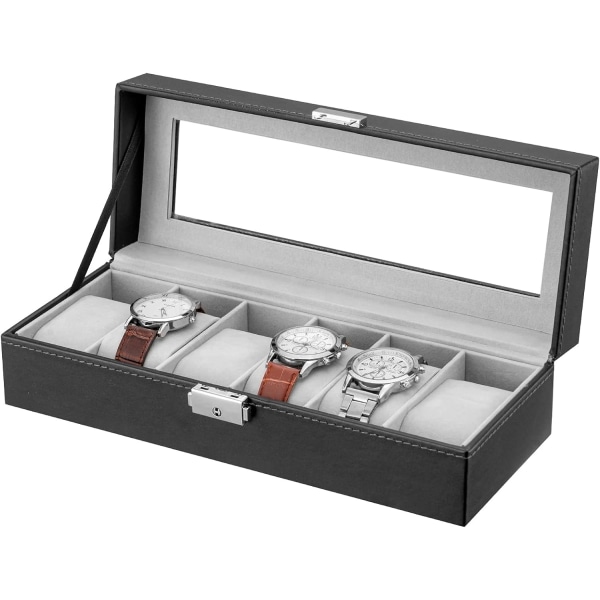 Urboks med 6 Slots PU Læder Etui Organizer Træ Opbevaringsboks til Opbevaring og Visning Mænds & Kvinders Gave Forretning (Sort)