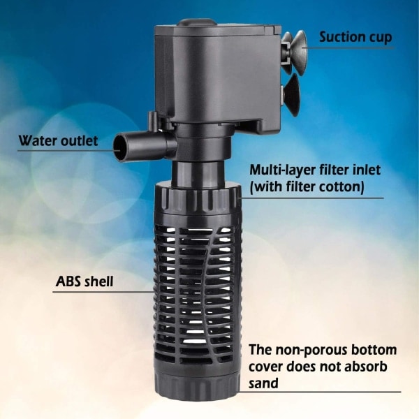 Neddykbar akvariumpumpe med filter 6W 600L/H Filter vannpumpe