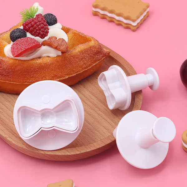 3 stk/sett Plast 3D Mini Sløyfeform DIY Fondant Stempele Cutter Kakeform Sløyfe Kjeks Cupcake Topper Form Baking