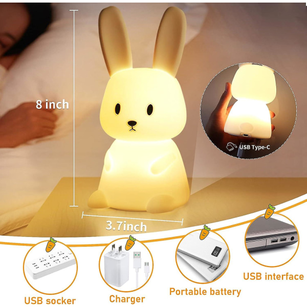 Rabbit Night Light Baby Touch 7 färger | USB Uppladdningsbar Kan Tidsinställd Nattlampa Barn Deco Lampa För Juldekoration Barnrum Födelsedagspresent