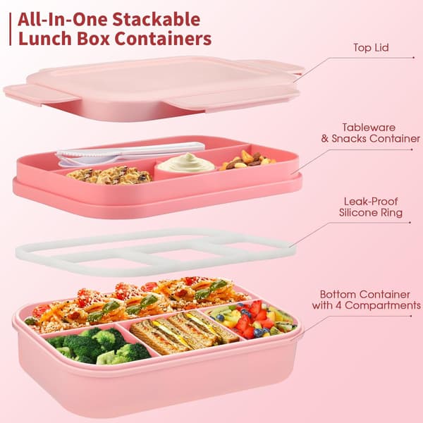2000 ml Large Bento Lunch Box, Stackable Japanese Lunch Box with 8 Compartments, with Cutlery Set, (Pink)